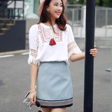 维希夏季新款2016韩版短袖连衣裙时尚刺绣半身裙两件套装女短裙子