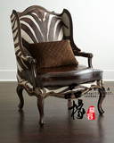 美式沙发椅布艺铆钉单人休闲椅欧式仿古黑白纹高背皮艺实木老虎椅