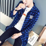 春秋季青少年学院学生个性中长款格子衬衫韩版修身印花长袖衬衣男