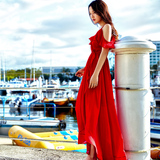 雪纺露肩海边沙滩裙夏波西米亚长裙吊带显瘦度假连衣裙女复古红色