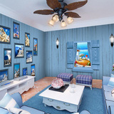蓝色地中海大型壁画木纹砖纹砖墙假窗户壁纸咖啡厅餐厅主题房墙纸