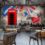 欧洲建筑黑白街景红色电话亭欧式壁画咖啡厅西式餐厅网吧壁纸墙纸