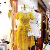2016夏季新款女装修身甜美黄色短袖蕾丝中长款公主裙蓬蓬裙连衣裙