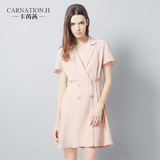 卡芮茜 2016夏装新款双排扣雪纺短裙 粉色通勤西装领连衣裙女短袖