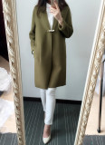现货一2016韩国原单无领直筒中长款双面手缝羊绒大衣女可配珍珠