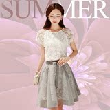套装连衣裙夏季两件套女韩版修身短袖学生高腰蕾丝短裙a字蓬蓬裙