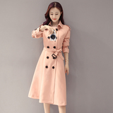 2016秋季新款韩版系带修身时尚长袖中长款双排扣风衣女上衣外套秋