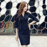 2016韩版连衣裙夏新款时尚修身性感包臀中长款中腰中袖V领荷叶边