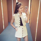 夏季新款2016韩版时尚军旅风套装裙女单排扣外套半身短裙裤三件套