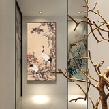 双鹤图新中式装饰画客厅有框布艺画玄关竖版挂画书房壁画茶馆挂画