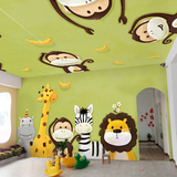儿童房背景墙纸可爱 卧室床头卡通早教幼儿园壁纸 动物小猴子壁画