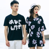 海边度假情侣装夏装2016新款连衣裙韩版中长个性显瘦学生t恤女裙