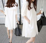 2016夏季新款韩版中长款衬衣女短袖bf宽松纯棉白色衬衫裙大码潮