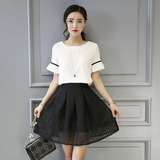 时尚套装2016夏季新款韩版圆领短袖雪纺衫女半身裙短裙子两件套潮