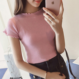 2016新款韩版修身显瘦圆领薄款针织短袖t恤女夏装木耳边打底衫潮