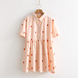 2016夏季新款 甜美可爱粉色草莓图案印花短袖连衣裙女雪纺中长裙