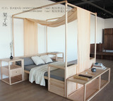 新中式实木床 复古简约单双人床 现代样板房酒店定制板式榆木床