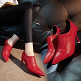 红色短靴秋冬款女鞋真皮马丁靴时尚气质细跟女士皮鞋高跟单鞋子潮