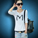 2016夏季新款长袖T恤女韩版学生新款修身白色M字母图案短袖打底衫
