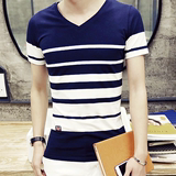 夏季韩版体恤V领男士短袖t恤青年日系韩版衫修身条纹半袖上衣服潮
