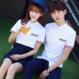 2016夏装新款韩版情侣装修身半袖白色衬衫情侣短袖男女学生班服潮