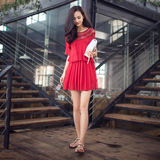 2016连衣裙女夏季新款假两件短袖镂空性感大红色收腰雪纺裙子蕾丝