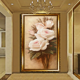无缝3D立体玄关壁画走廊过道环保墙纸壁画布竖版欧式油画玫瑰花