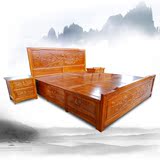 中式全实木床双人床仿古雕花榆木实木床带抽屉储物高箱床卧室家具