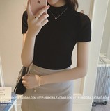 韩版夏季半高领套头短袖针织衫纯色修身紧身显瘦女装T恤打底上衣
