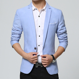 英伦男士小西装 韩版潮修身型外套 青少年 淡蓝色 休闲西服男薄款