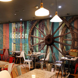 3D复古木纹车轮大型壁画 怀旧奶茶咖啡服装店餐厅墙纸酒吧壁纸
