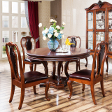 美式复古实木餐台餐桌 天然大理石圆形餐桌 欧式6人带转盘饭桌