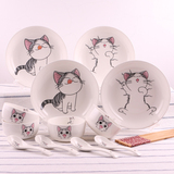 卡通餐具碗碟套装可爱起司猫家用陶瓷餐具韩式骨瓷米饭碗盘子礼品