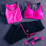 夏健身服瑜伽服三件套速干衣跑步运动短袖背心假两件防震文胸套装