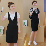 2016韩版新款大码女装圆领短袖上衣v领黑色修身包臀背带裙两件套