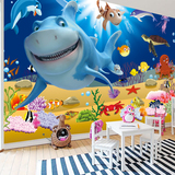 大型壁画ktv卧室背景墙壁纸 男女孩小鱼儿童房卡通海底世界墙纸