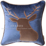 蓝粉绿色绣花鹿首鹿头新古典美式乡村欧式中式样板房抱枕装饰靠垫
