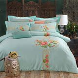 新中式古典民族风格刺绣牡丹花床上用品床单四件套全棉纯棉粉绿色