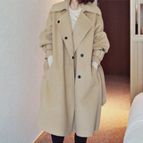 韩国2016秋冬新款韩版系带宽松显瘦毛呢大衣女中长款呢子外套女潮