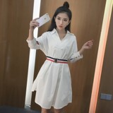 韩国新品宽松显瘦蝙蝠袖连衣裙POLO领气质a字腰带中长衬衣式裙子