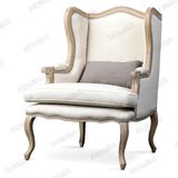 美式客厅实木布艺单人沙发椅亚麻布艺老虎椅休闲椅法式仿古椅子