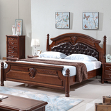 全实木床黑胡桃木床1.8米双人床软靠真皮床欧式卧室家具 美式乡村