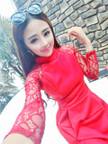 2016春装韩版修身中长款蓬蓬裙蕾丝长袖性感紧身裙子新款连衣裙女