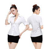 2016夏季新款白色短袖衬衫衣性感低胸套装制服职业女装短裙工作服