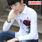 秋冬季男士长袖衬衫男弹力3D数码印花青年韩版修身常规黑白色寸衣