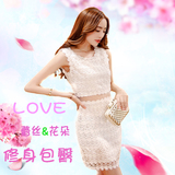 女装新款蕾丝纯色韩版中长款一步裙修身显瘦无袖包臀假两件连衣裙