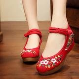 老北京布鞋女红色婚鞋中跟舞蹈鞋子厚底花朵绣花鞋百搭透气单鞋子