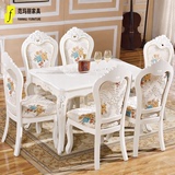 欧式雕花餐桌 大理石长方形餐桌椅组合 实木6人小户型象牙白方桌