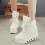 白色透气增高帆布鞋女韩版内增高8cm高帮鞋休闲学生系带松糕跟潮