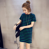 2016夏装新款女装韩版海军风条纹中长款短袖T恤连衣裙体恤夏季潮